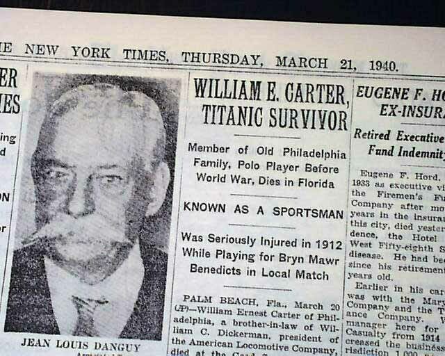 William Ernest Carter Controversial Male Titanic Survivor Death 1940 Newspaper