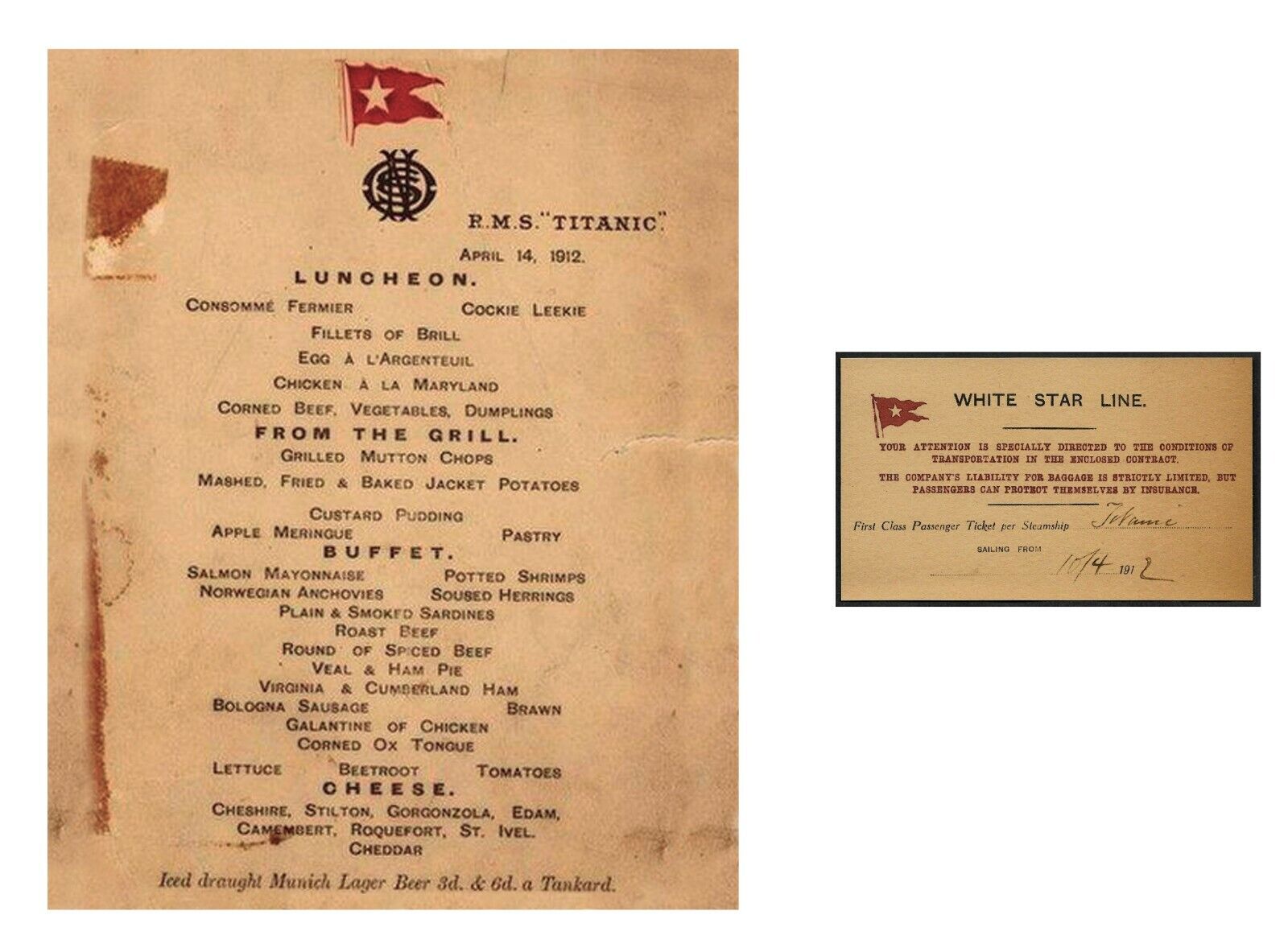 Titanic Last Voyage Boarding Pass And First Class Menu - Free Shipping